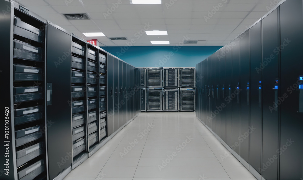 A long hallway lined with server racks in a data center A long hallway lined with server racks in a data center