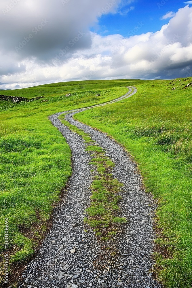 A winding gravel path through lush green fields under a cloudy sky. A winding gravel path through lush green fields under a cloudy sky.
