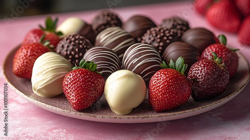 A plate of chocolate-covered strawberries, some with white chocolate and some with dark chocolate, on a pink background.