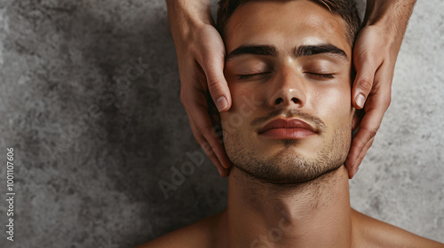 Professional masseuse gives a relaxing head massage to a young man with his eyes closed photo