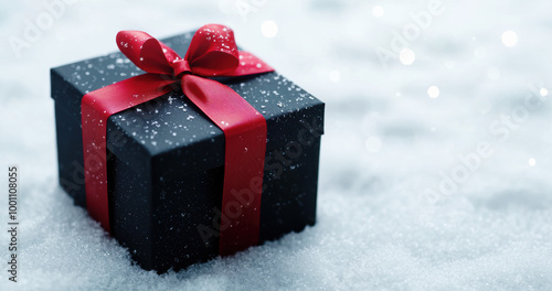 Black gift box with red ribbon, placed on snow with sparkling light background.