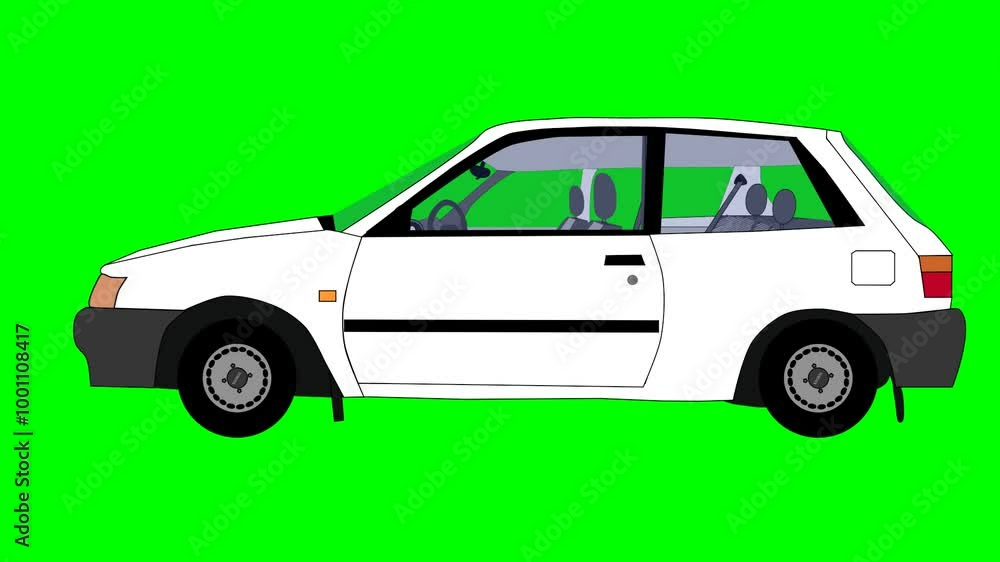 2d animated character of A white car whose wheels are spinning and is moving and driving on the road at high speed, cycle and loop . in green screen background chroma key. 2d animated character of A white car whose wheels are spinning and is moving and driving on the road at high speed, cycle and loop . in green screen background chroma key.