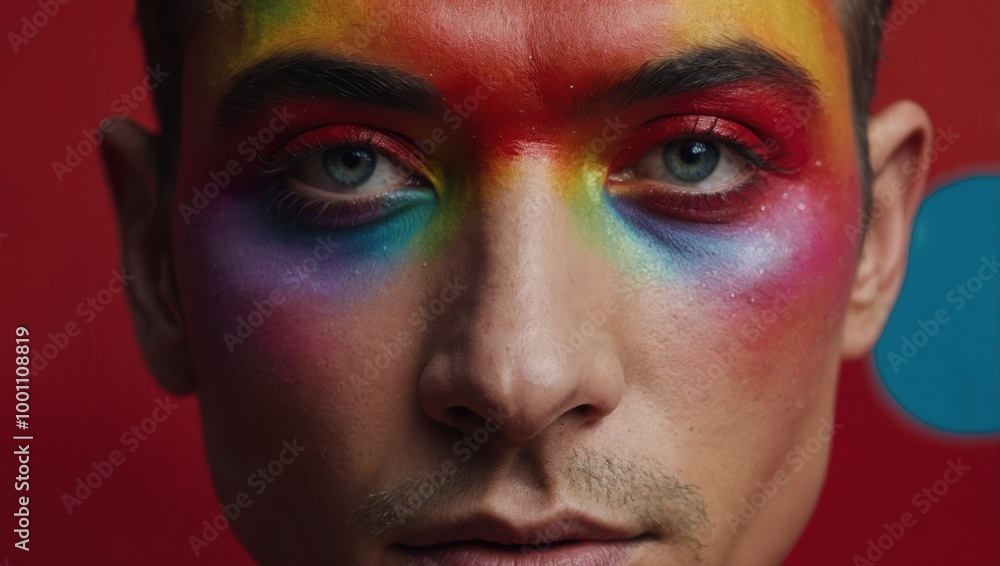 Man with rainbow colored makeup on his face Man with rainbow colored makeup on his face
