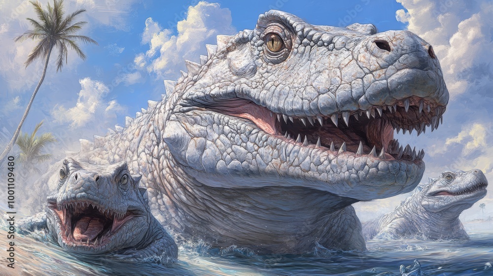 Obraz premium A group of white dinosaurs with sharp teeth, stand in water with a palm tree in the background.