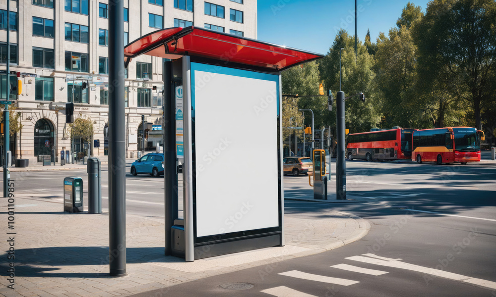 Naklejka premium A white billboard sits on a city street next to a bus stop