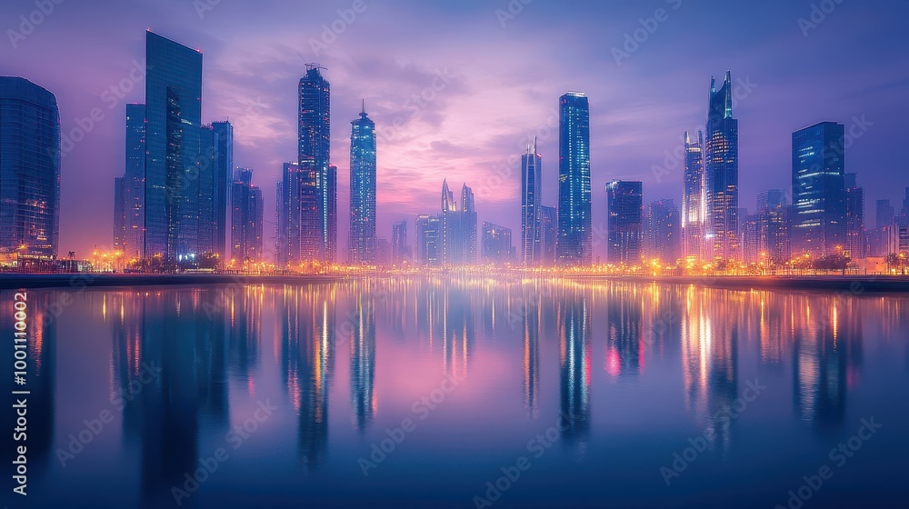 Fototapeta premium Stunning Modern City Skyline at Dusk with Reflections on Calm Water and Vibrant Lights