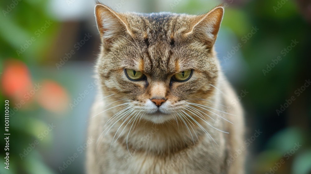 Cat displays intense gaze in lush garden setting during daytime Cat displays intense gaze in lush garden setting during daytime
