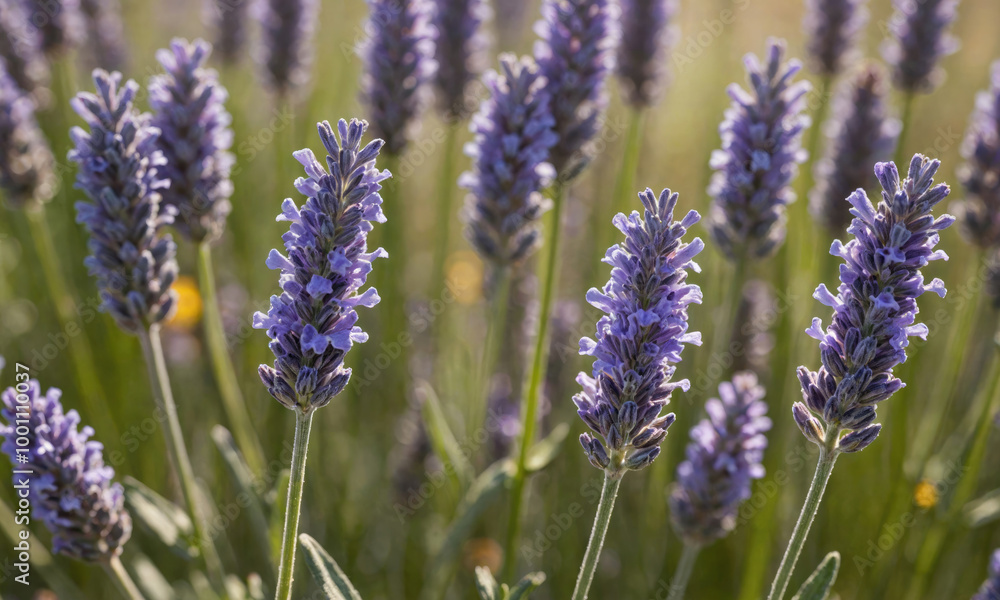 A field of lavender blooms in the summer sun, their purple flowers swaying gently in the breeze A field of lavender blooms in the summer sun, their purple flowers swaying gently in the breeze