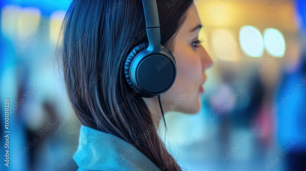Young woman wears headphones, enjoying music in a vibrant setting Young woman wears headphones, enjoying music in a vibrant setting