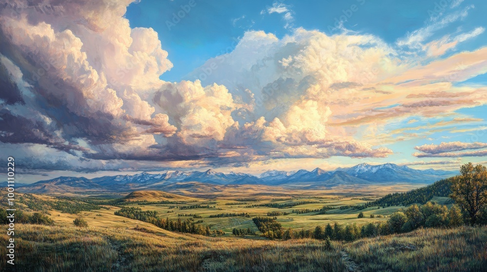 Obraz premium Majestic Landscape with Rolling Hills, Dramatic Clouds, and Distant Mountains Under a Vibrant Sky