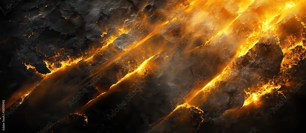 Fototapeta premium Abstract Fiery Lava Cracks on Dark Rock Surface with Glowing Orange and Yellow Light