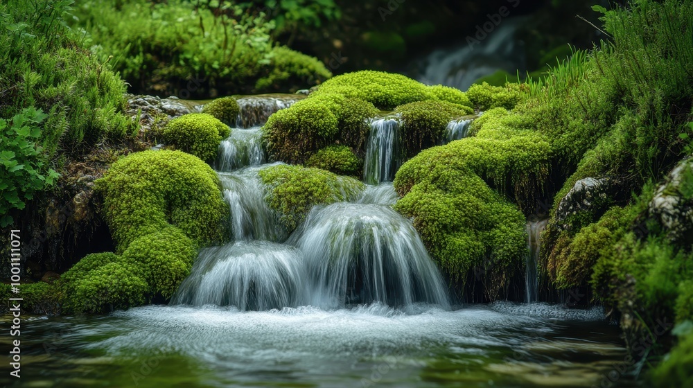 Serene Forest Waterfall with Lush Green Moss and Flowing Water in a Tranquil Natural Setting Serene Forest Waterfall with Lush Green Moss and Flowing Water in a Tranquil Natural Setting
