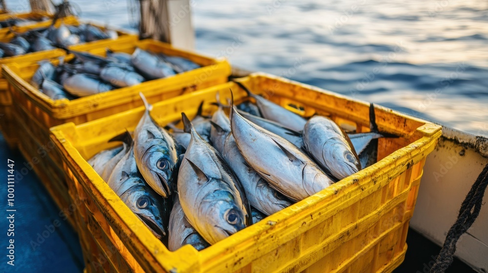 Freshly caught fish stacked in yellow crates on a fishing boat Freshly caught fish stacked in yellow crates on a fishing boat