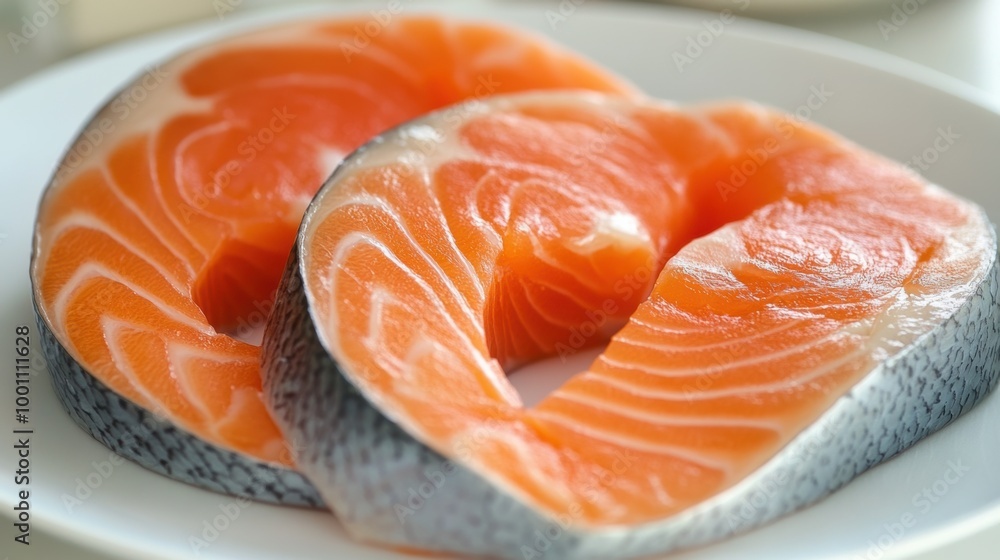Fresh salmon fillets prepared for cooking on a white plate Fresh salmon fillets prepared for cooking on a white plate