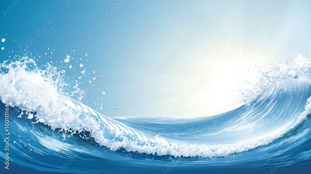 Ocean waves crashing against a bright blue sky, sunlight shining through the water. vector graphic. Ocean waves crashing against a bright blue sky, sunlight shining through the water. vector graphic.