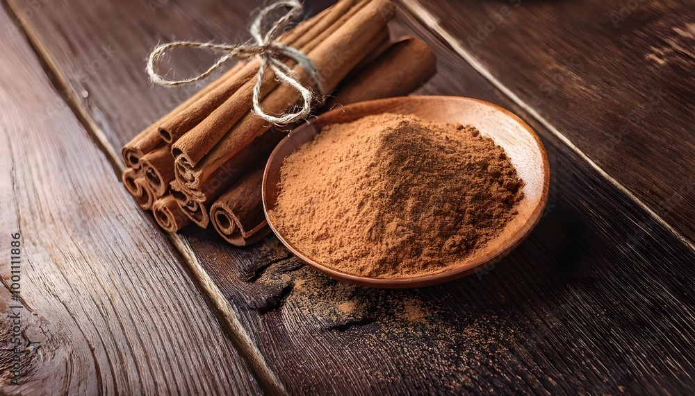 Ground cinnamon, cinnamon sticks, tied with jute rope and cinnamon powder in rustic style. Ground cinnamon, cinnamon sticks, tied with jute rope and cinnamon powder in rustic style.