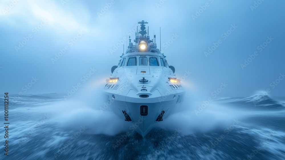 A patrol boat navigates rough seas during a stormy morning A patrol boat navigates rough seas during a stormy morning