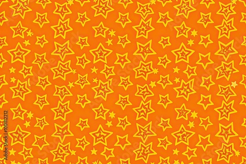 Bright orange background with scattered yellow stars.