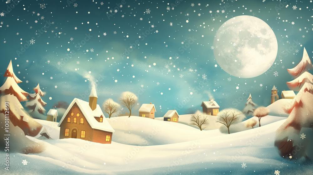 Fototapeta premium Christmas festive illustration, perfect for greeting card and xmas design. Winter night at village, snow and full moon. Colorful Merry Christmas scene. 