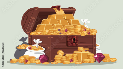 Treasure chest overflowing with gold bars, coins, and jewels.