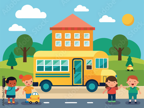 School bus with students illustration