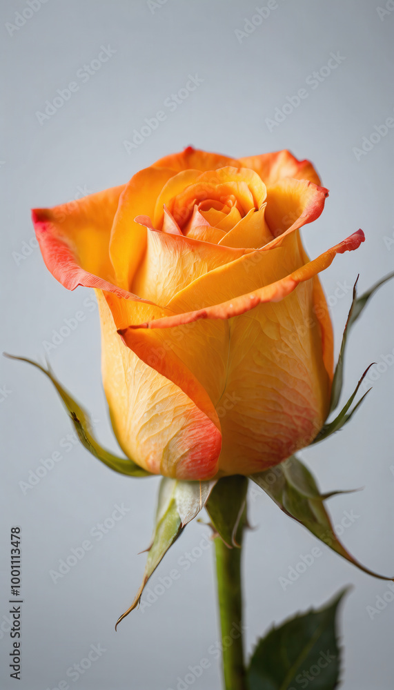 A beautiful orange rose on a gray background, close-up A beautiful orange rose on a gray background, close-up