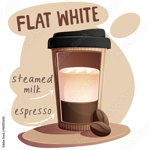Flat white coffee in paper cup with coffee beans. Vector illustration for banner, website, poster, menu. Illustration for cafe, coffee house, bar, food concept, recipe