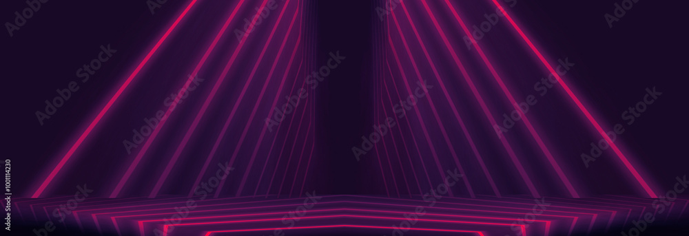 Neon light in tunnels, rays and lines. Perspective of light in motion. Dark abstract neon background, empty stage. Neon light in tunnels, rays and lines. Perspective of light in motion. Dark abstract neon background, empty stage.