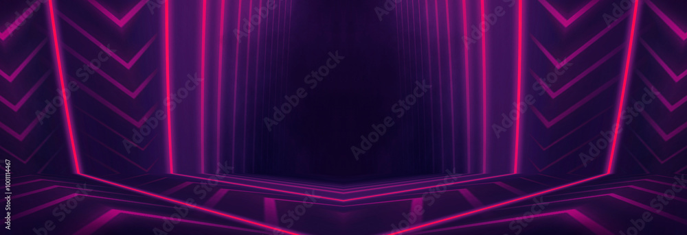 Neon light in tunnels, rays and lines. Perspective of light in motion. Dark abstract neon background, empty stage. Neon light in tunnels, rays and lines. Perspective of light in motion. Dark abstract neon background, empty stage.