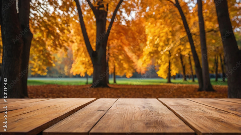 A photo of a wooden table. The table is set against a natural background of autumn trees with orange leaves. A photo of a wooden table. The table is set against a natural background of autumn trees with orange leaves.