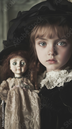 Wallpaper Mural Serious little girl with big eyes and long hair wearing an old fashioned dress with a lace collar and clutching a doll with a frightened expression. Victorian or Edwardian child. Torontodigital.ca