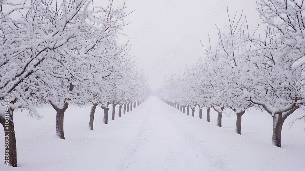 Fototapeta premium The snow-covered apple orchard, lined with tall trees that create an archway over the path leading to it