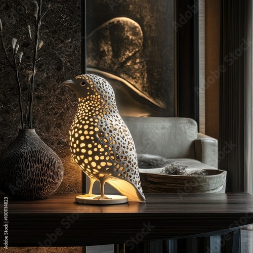 A bird-shaped table lamp with intricate details, perched on a living room console, casting a soft light across the room. photo