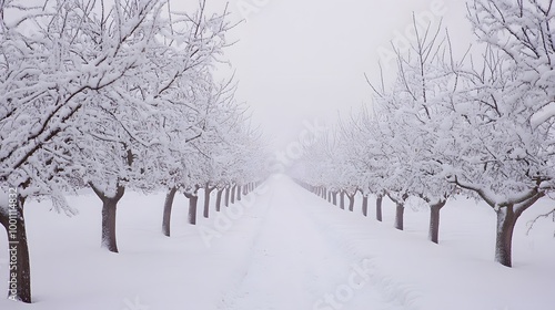 Wallpaper Mural The snow-covered apple orchard, lined with tall trees that create an archway over the path leading to it Torontodigital.ca