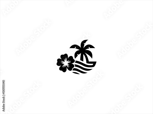  Hawaii beach logo.The logo incorporate elements like palm trees, ocean waves, and a golden sun to represent relaxation and natural beauty. 