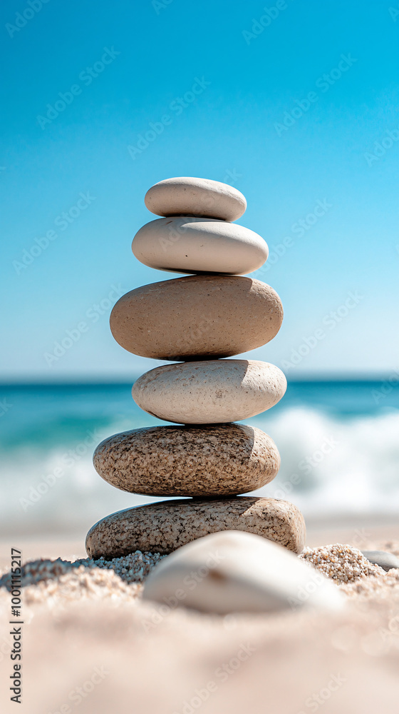 Stack of white and brown pebbles is balancing on the sand in front of a blurred seascape Stack of white and brown pebbles is balancing on the sand in front of a blurred seascape