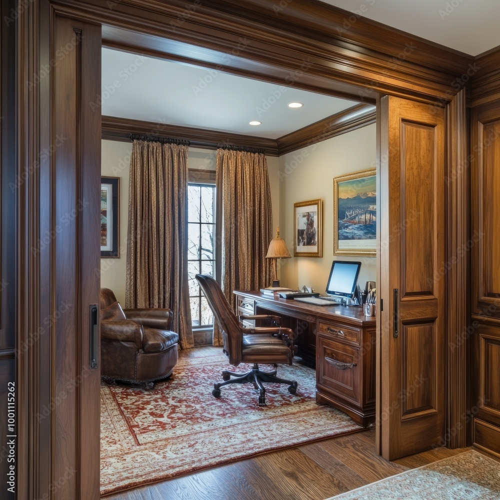 Fototapeta premium A traditional home office with wooden door curtains, providing a classic look while separating the workspace from the living area.