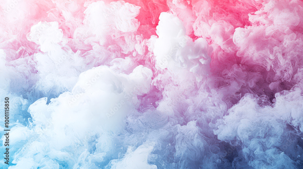 Fototapeta premium Heavenly wallpaper. A mix of pink, blue and white puffs of smoke. Mystical abstract smoky background. A hazy pattern. A multicolored cloud with pink and blue swirls