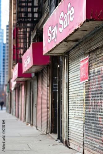 A street view featuring closed storefronts with protective shutters and safety signage.