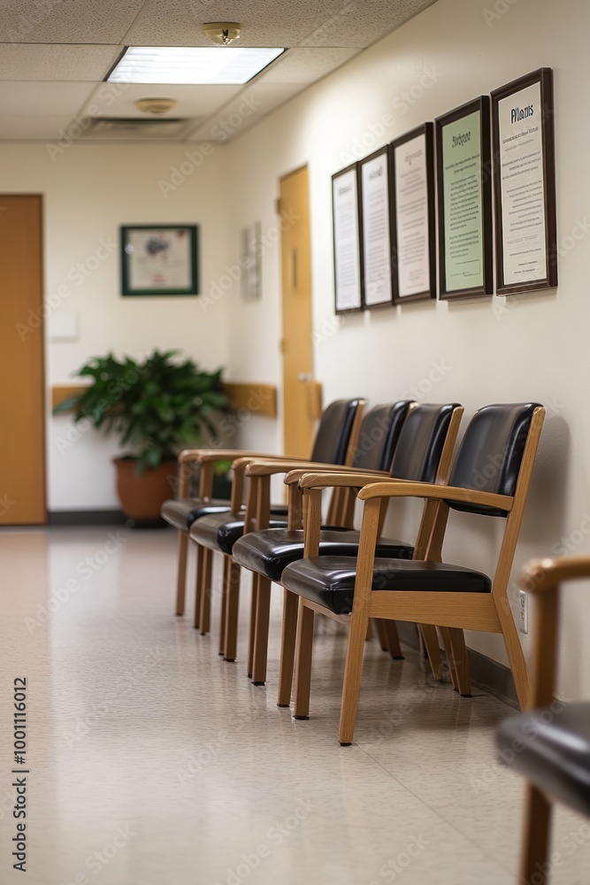 A waiting area with wooden chairs and framed informational posters on the wall. A waiting area with wooden chairs and framed informational posters on the wall.