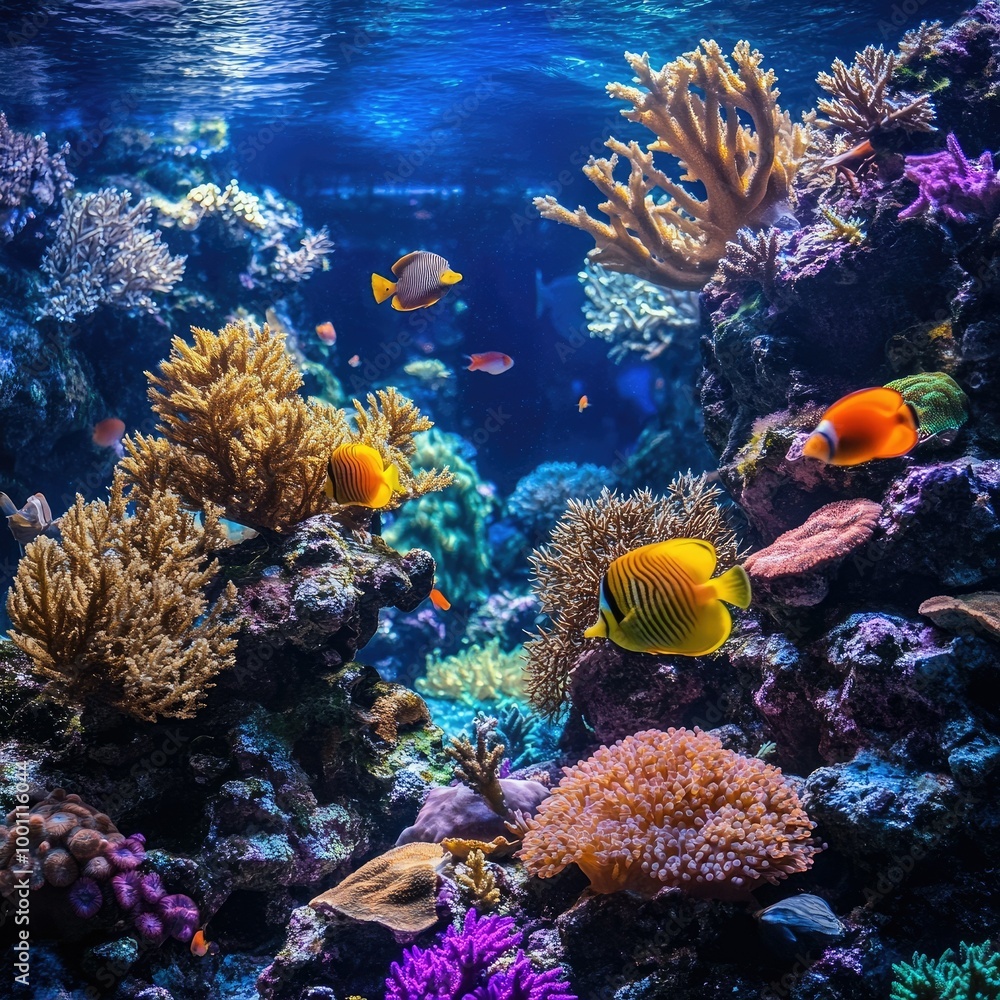 Obraz premium A vibrant reef aquarium with live corals, showcasing the stunning colors and textures of marine life in a captivating underwater environment.