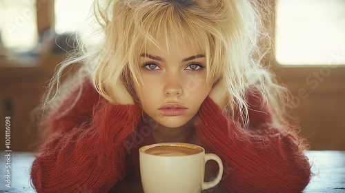 Young woman with disheveled hair sitting at kitchen table, drinking coffee drink from the mug or cup in the morning, sleepy girl early wake up refreshment, Monday depression, exhausted, energy,drowsy