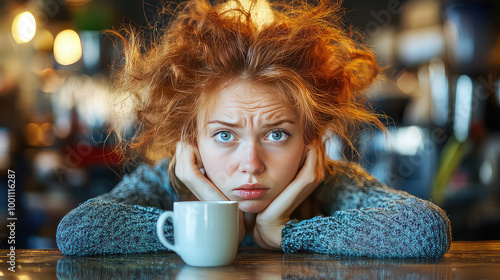 Young woman with disheveled hair sitting at kitchen table, drinking coffee drink from the mug or cup in the morning, sleepy girl early wake up refreshment, Monday depression, exhausted, energy,drowsy