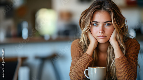 Young woman with disheveled hair sitting at kitchen table, drinking coffee drink from the mug or cup in the morning, sleepy girl early wake up refreshment, Monday depression, exhausted, energy,drowsy
