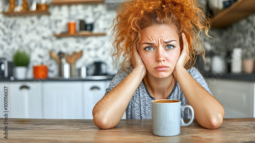 Young woman with disheveled hair sitting at kitchen table, drinking coffee drink from the mug or cup in the morning, sleepy girl early wake up refreshment, Monday depression, exhausted, energy,drowsy