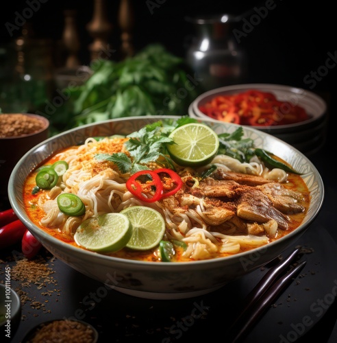 laksa curry, a malaysian cuisine consisting of a spicy, creamy broth loaded with delicious vegetables, crunchy fried wontons, rice noodles garnished with key limes and fresh basil