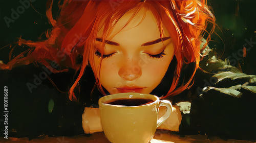 Young woman with disheveled hair sitting at kitchen table, drinking coffee drink from the mug or cup in the morning, sleepy girl early wake up refreshment, Monday depression, exhausted, energy,drowsy