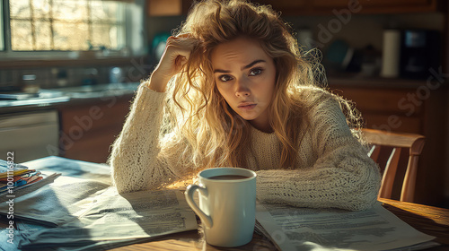 Young woman with disheveled hair sitting at kitchen table, drinking coffee drink from the mug or cup in the morning, sleepy girl early wake up refreshment, Monday depression, exhausted, energy,drowsy