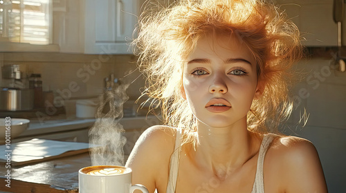 Young woman with disheveled hair sitting at kitchen table, drinking coffee drink from the mug or cup in the morning, sleepy girl early wake up refreshment, Monday depression, exhausted, energy,drowsy