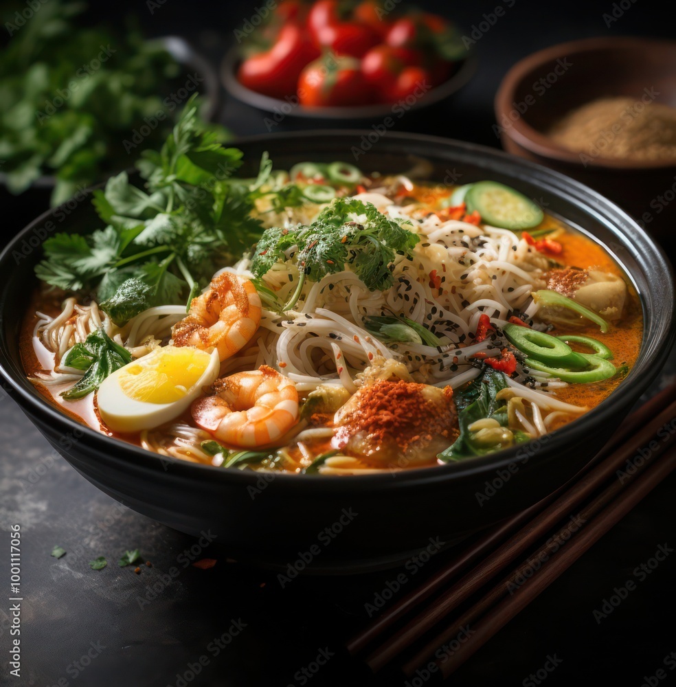 a malaysian cuisine, a malaysian dish called laksa malaysia; a concoction of spicy coconut noodle soup infused with herbs and spices, fresh ingredients such as prawns, vegetables all in a spicy broth a malaysian cuisine, a malaysian dish called laksa malaysia; a concoction of spicy coconut noodle soup infused with herbs and spices, fresh ingredients such as prawns, vegetables all in a spicy broth